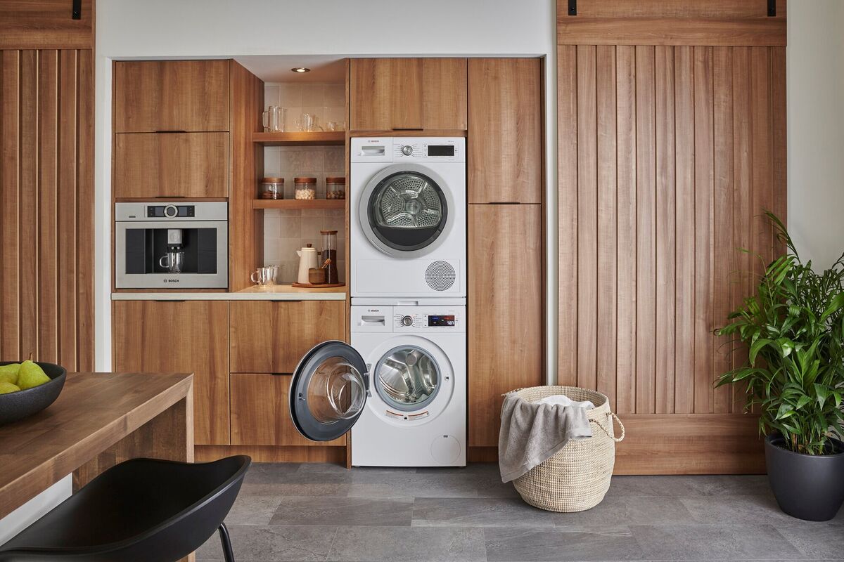 Bosch Series 4 WTN83201GB, 8kg Condenser in white (top of stack). ìBî rated, €449.99, soundstore.ie.