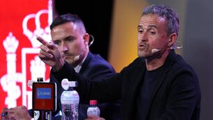 <p>Spain's coach Luis Enrique gestures during a press conference for the unveiling of the official list of Spain's players for the football 2022 World Cup in Qatar at the Las Rozas football sports city near Madrid, on November 11, 2022. (Photo by Pierre-Philippe Marcou / AFP) (Photo by PIERRE-PHILIPPE MARCOU/AFP via Getty Images)</p>