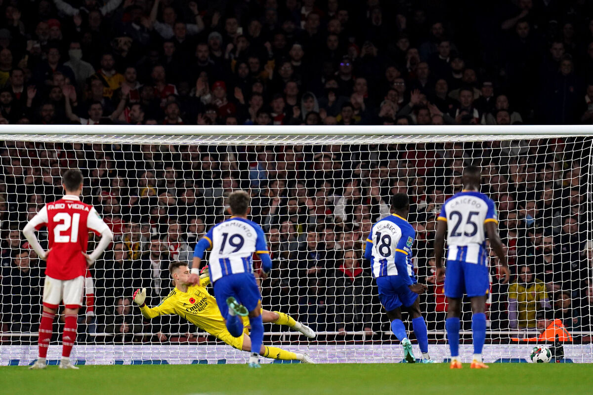 ON TARGET: Brighton and Hove Albion's Danny Welbeck (second right) scored a penalty against Arsenal in the League Cup. Pic: John Walton/PA Wire