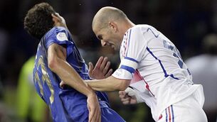 <p> Zinedine Zidane head-butts Marco Materazzi in the 2006 World Cup final.  </p>