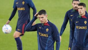 <p>HEAD SCRATCHER: Cristiano Ronaldo, center, during a Portugal soccer team training in Oeiras, outside Lisbon. Pic: AP Photo/Armando Franca</p>