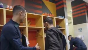 <p>PUT IT THERE: Ronaldo and Bruno Fernandes in the Portugal dressing-room on Monday.</p>