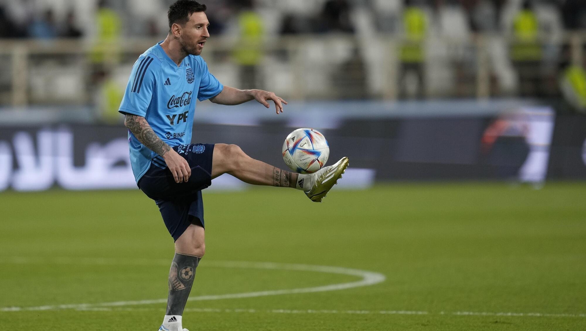 CLOSE CONTROL: Argentina's Lionel Messi controls the ball during a training session ahead of their friendly match with UAE. Pic: AP Photo/Kamran Jebreili