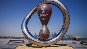 <p>The official FIFA World Cup Countdown Clock on Doha's corniche, overlooking the skyline of Doha, Qatar. One of the world’s biggest sporting events has thrown an uncomfortable spotlight on Qatar’s human rights record.</p>