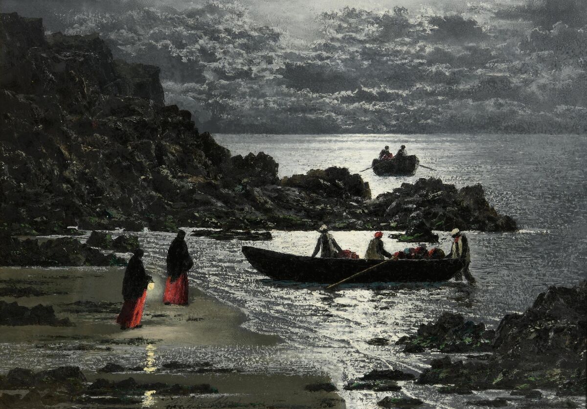 Currachs Returning, Moonlight, Connemara Coast by Ciaran Clear at Morgan O'Driscoll.