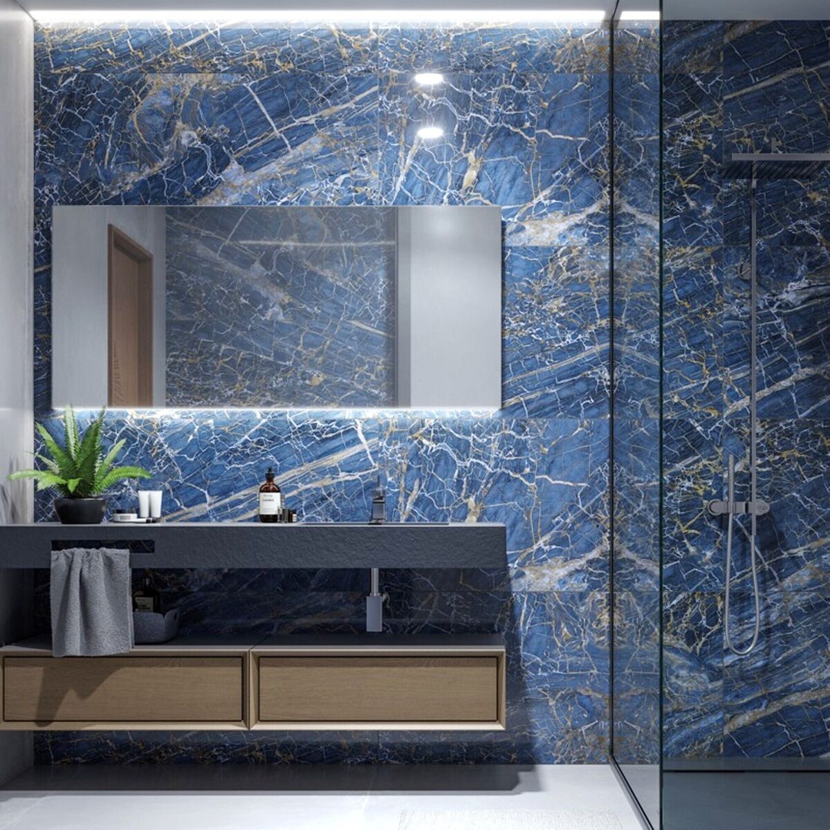 Blue Golden, marble-effect polished porcelain, €68 per square metre, worldoftiles.ie.