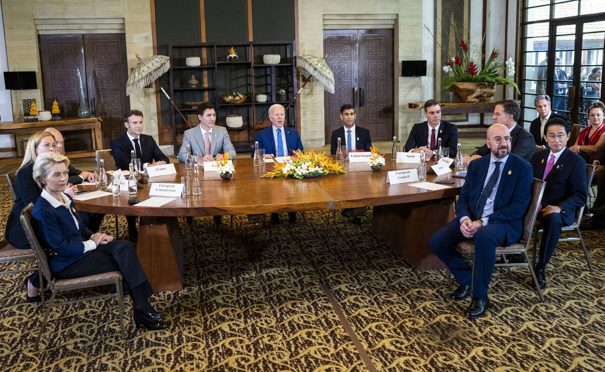 President of the European Commission Ursula von der Leyen, Italian Prime Minister Giorgia Meloni, German Chancellor Olaf Scholz, French President Emmanuel Macron, Canadian Prime Minister Justin Trudeau, U.S. President Joe Biden, British Prime Minister Rishi Sunak, Spanish Prime Minister Pedro Sanchez, Netherlands Prime Minister Mark Rutte, Japanese Prime Minister Fumio Kishida and European Council President Charles Michel during a meeting of G7 and NATO leaders in Bali, Indonesia, Wednesday, Nov. 16, 2022. Picture: Doug Mills/The New York Times via AP, Pool President of the European Commission Ursula von der Leyen, Italian Prime Minister Giorgia Meloni, German Chancellor Olaf Scholz, French President Emmanuel Macron, Canadian Prime Minister Justin Trudeau, U.S. President Joe Biden, British Prime Minister Rishi Sunak, Spanish Prime Minister Pedro Sanchez, Netherlands Prime Minister Mark Rutte, Japanese Prime Minister Fumio Kishida and European Council President Charles Michel during a meeting of G7 and NATO leaders in Bali, Indonesia, Wednesday, Nov. 16, 2022. Picture: Doug Mills/The New York Times via AP, Pool