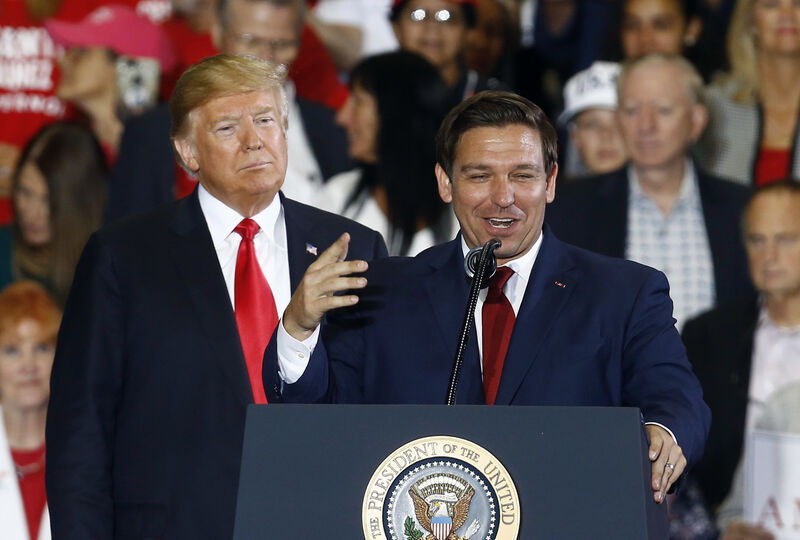 In this Nov. 3, 2018 file photo President Donald Trump stands behind gubernatorial candidate Ron DeSantis at a rally in Pensacola, Fla. (AP Photo/Butch Dill, File)
