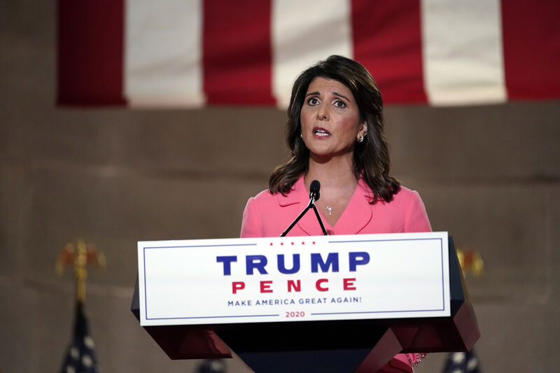 Former U.N. Ambassador Nikki Haley speaks during the Republican National Convention from the Andrew W. Mellon Auditorium in Washington, Monday, Aug. 24, 2020. (AP Photo/Susan Walsh)