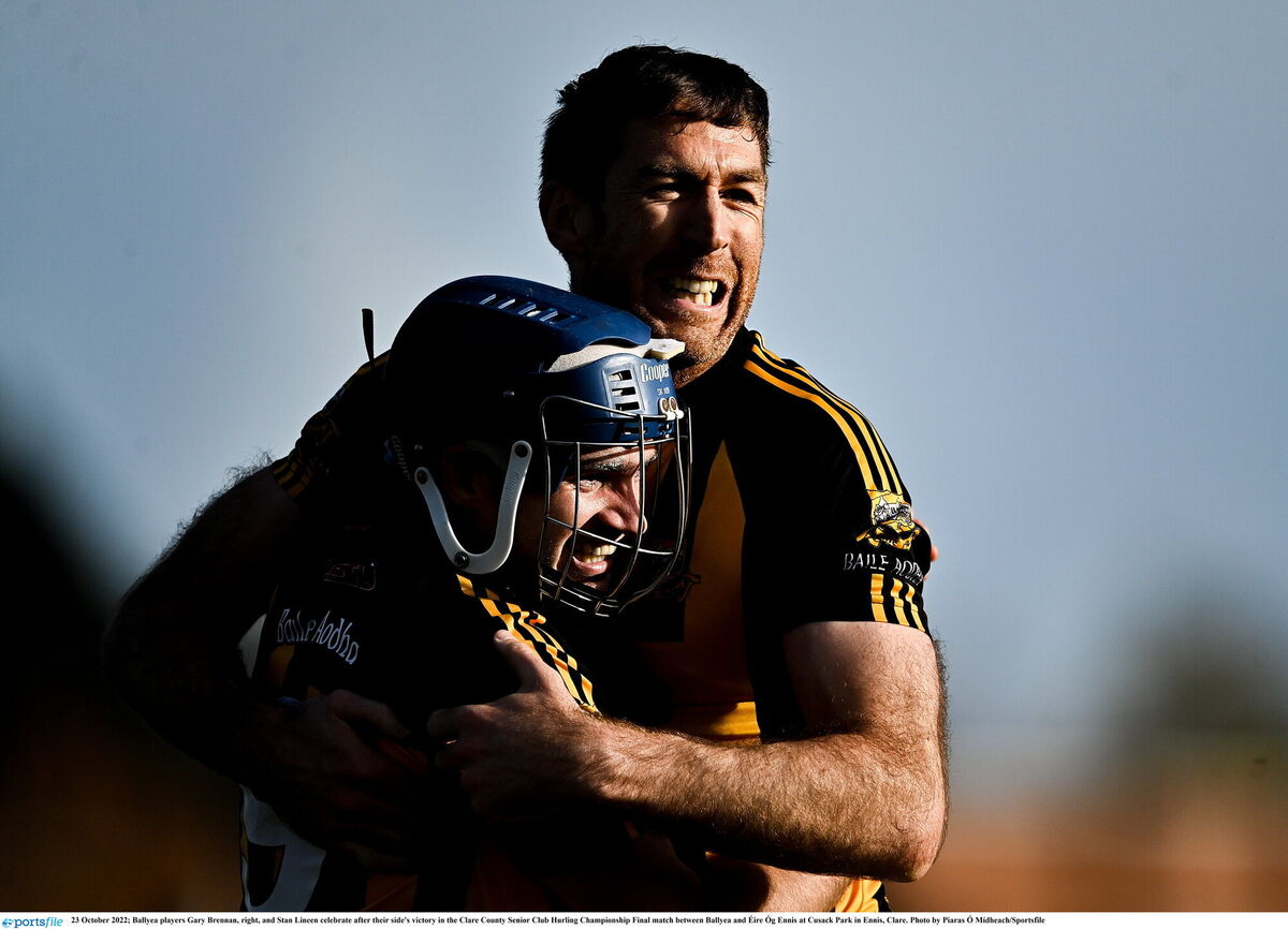 BACK FOR MORE: Gary Brennan, right, and Stan Lineen celebrate after the Clare county final. Pic: Piaras Ó Mídheach/Sportsfile BACK FOR MORE: Gary Brennan, right, and Stan Lineen celebrate after the Clare county final. Pic: Piaras Ó Mídheach/Sportsfile