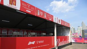 <p>A Budweiser beer stand at 'Fan Festival' ahead of the FIFA World Cup Qatar 2022. Picture: Claudio Villa/Getty Images</p>