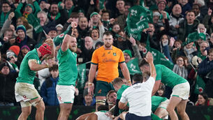 <p>The referee signals a try for Ireland's Bundee Aki during the Autumn International match at the Aviva Stadium in Dublin, Ireland. Picture   Brian Lawless/PA Wire. </p>