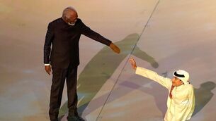 <p>Morgan Freeman and Ghanim al Muftah during the opening ceremony (Adam Davy/PA)</p>
