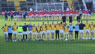 <p> ALL SQUARE: Erins Own (top) and Kilshannig players before the Co Op Superstores Cork JAHC final at Pairc Ui Chaoimh. Pic: Eddie O'Hare</p>