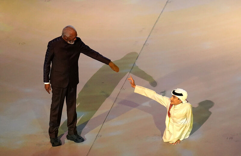 Morgan Freeman and Ghanim al Muftah during the opening ceremony of the Fifa World Cup 2022 at the Al Bayt Stadium, Al Khor.