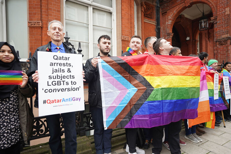 Peter Tatchell (second-left) taking part in a protest against the World Cup  outside of the Qatar embassy in London on Saturday. Picture: James Manning/PA Wire