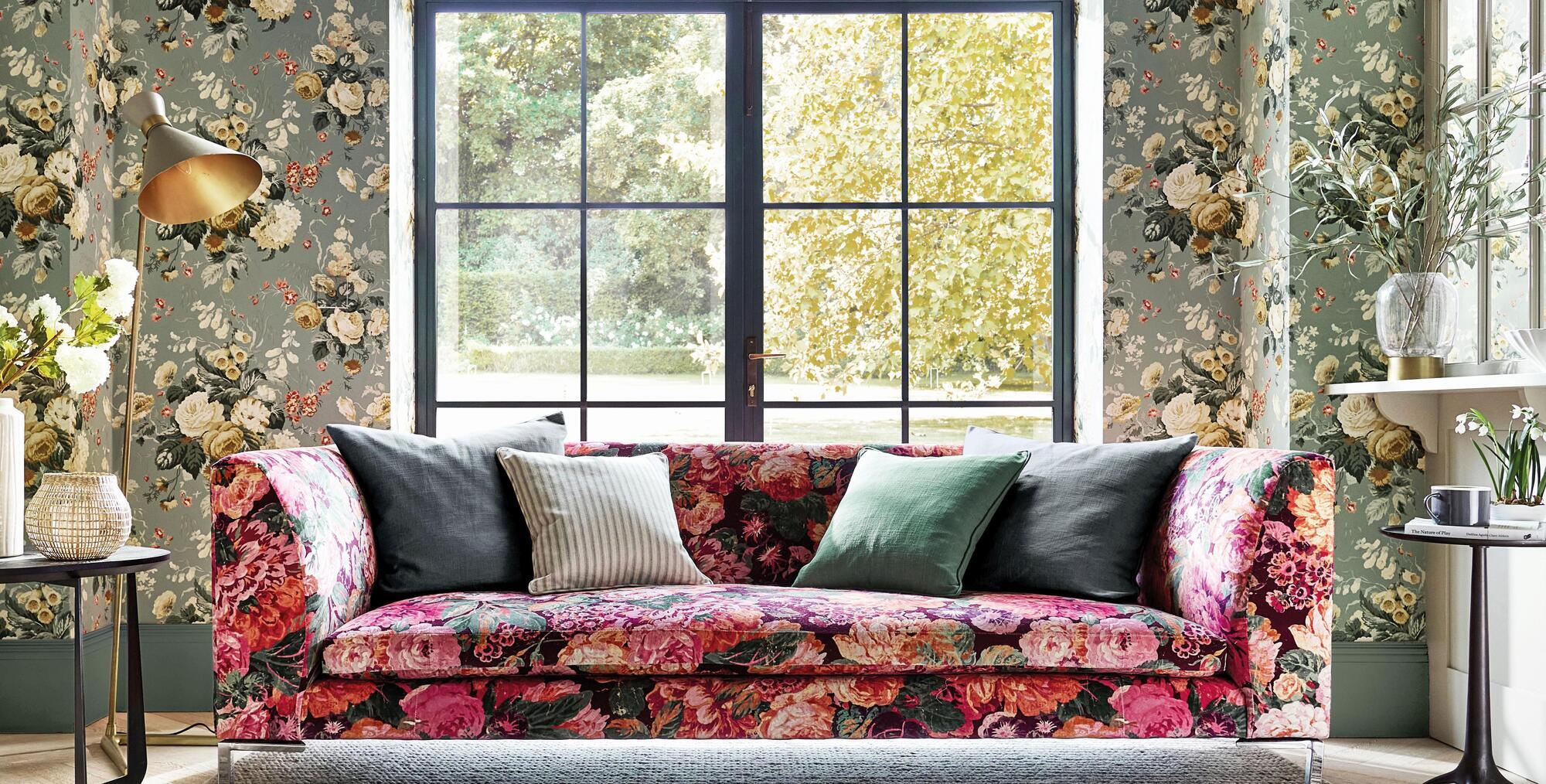  The eclectic mix of florals in the Sanderson 160 range, Very Rose and Peony sofa fabric and Stapleton Park wallpaper.