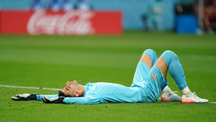 <p>Iran goalkeeper Alireza Beiranvand was initially allowed to play on after a clash of heads with a team-mate (Mike Egerton/PA)</p>