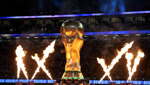 <p>A giant World Cup Trophy during the opening ceremony of the FIFA World Cup at the Al Bayt Stadium, Al Khor.</p>