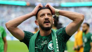 <p>IN SHOCK: Saudi Arabia's Abdulellah Al-Malki takes in the enormity of their World Cup wi nover Lionel Messi and Argentina.</p>