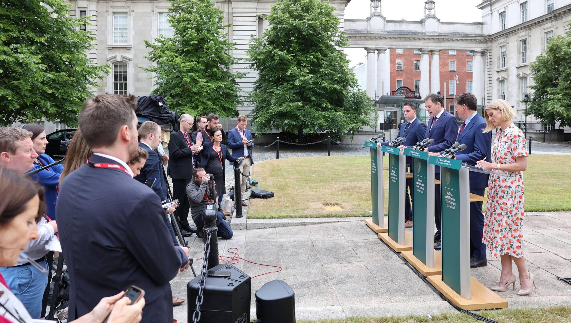 Ministers Martin Heydon, Charlie McConalogue, Eamon Ryan and Pippa Hackett in Government Buildings announcing Sectoral Emissions Ceilings, Ireland’s sector-focused plan to tackle climate change.