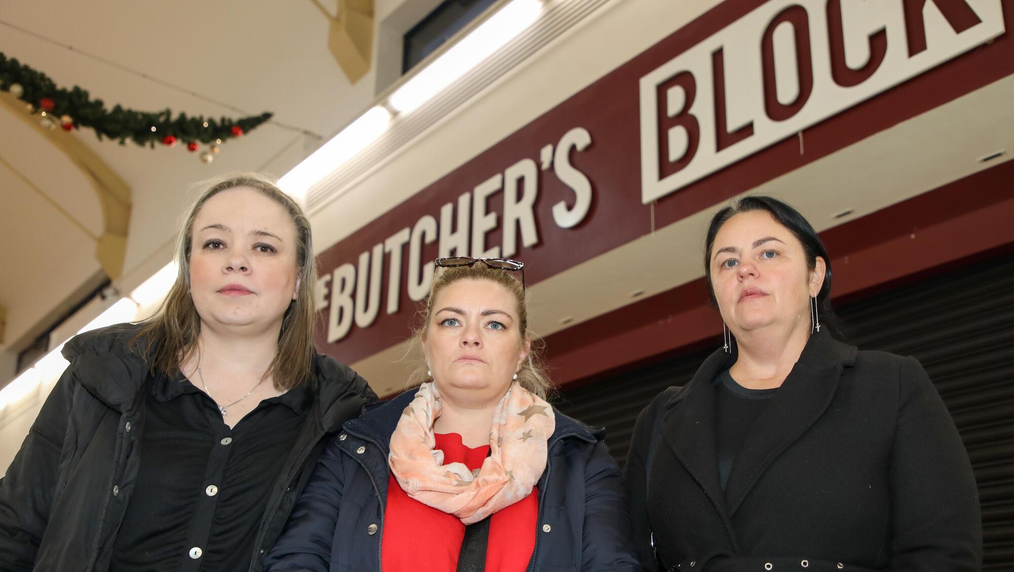  Staff Alexsandra Emilia Bednarz, Ewa Swiniarska, and Gitana Prochoroviene of the Butchers Block who were laid off by text message an hour before they were to report for work at the Blackpool Shopping Centre, Cork