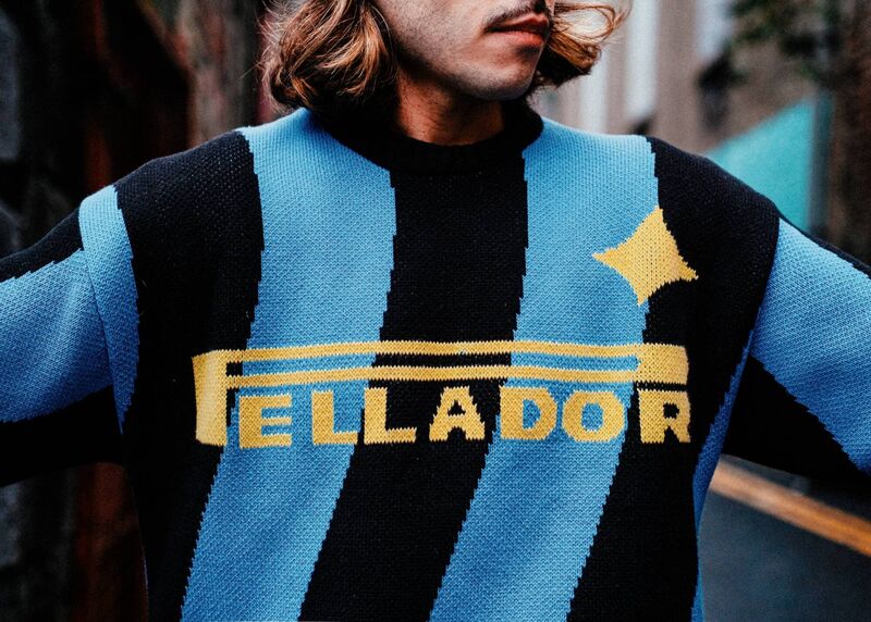 Front design of Pellador's 'Milan' knit, inspired by 1990s jerseys sported by Italian soccer team Inter Milan