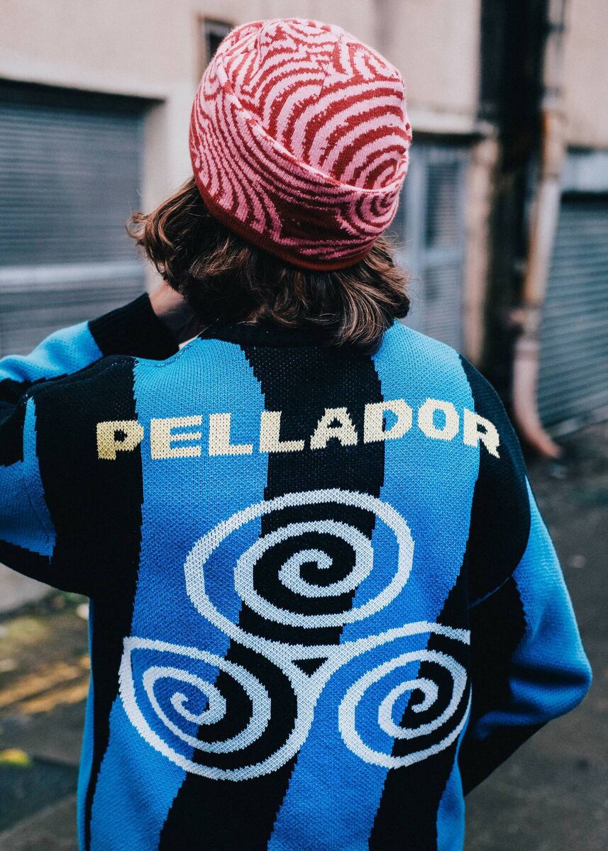 Rear design of Pelleador's 'Milan' knit, inspired by 1990s jerseys sported by Italian soccer team Inter Milan Rear design of Pelleador's 'Milan' knit, inspired by 1990s jerseys sported by Italian soccer team Inter Milan