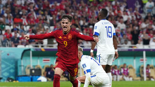 Gavi celebrates scoring Spain’s fifth goal in their 7-0 thrashing of Costa Rica (Adam Davy/PA)