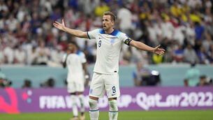 <p>FALSE DAWN? England's Harry Kane gestures during the World Cup group B soccer match between England and The United States. Pic: AP Photo/Luca Bruno</p>