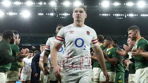 <p>DEFLATED: Owen Farrell looks dejected after their defeat at Twickenham.</p>
