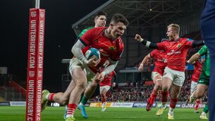 <p>OFF AND RUNNING: Munster’s Craig Casey celebrates as Calvin Nash crossed the line for the province's opening try on Saturday night.</p>