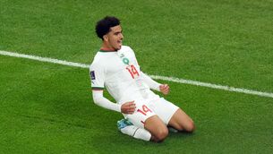 <p>ON TARGET: Morocco’s Zakaria Aboukhlal celebrates scoring his team’s second in a shock win over Belgium. Pic: Martin Rickett/PA</p>