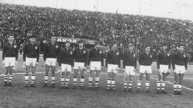 Irish team which lost to Turkey in Euro Nations Cup in Ankara in 1967. From Left: Mick Meagan, Al Finucane, Noel Cantwell, John Giles, Joe Kinnear, Frank O'Neill, Mick McGrath, Eamonn Dunphy, Charlie Gallagher, Alan Kelly and Charlie Hurley 