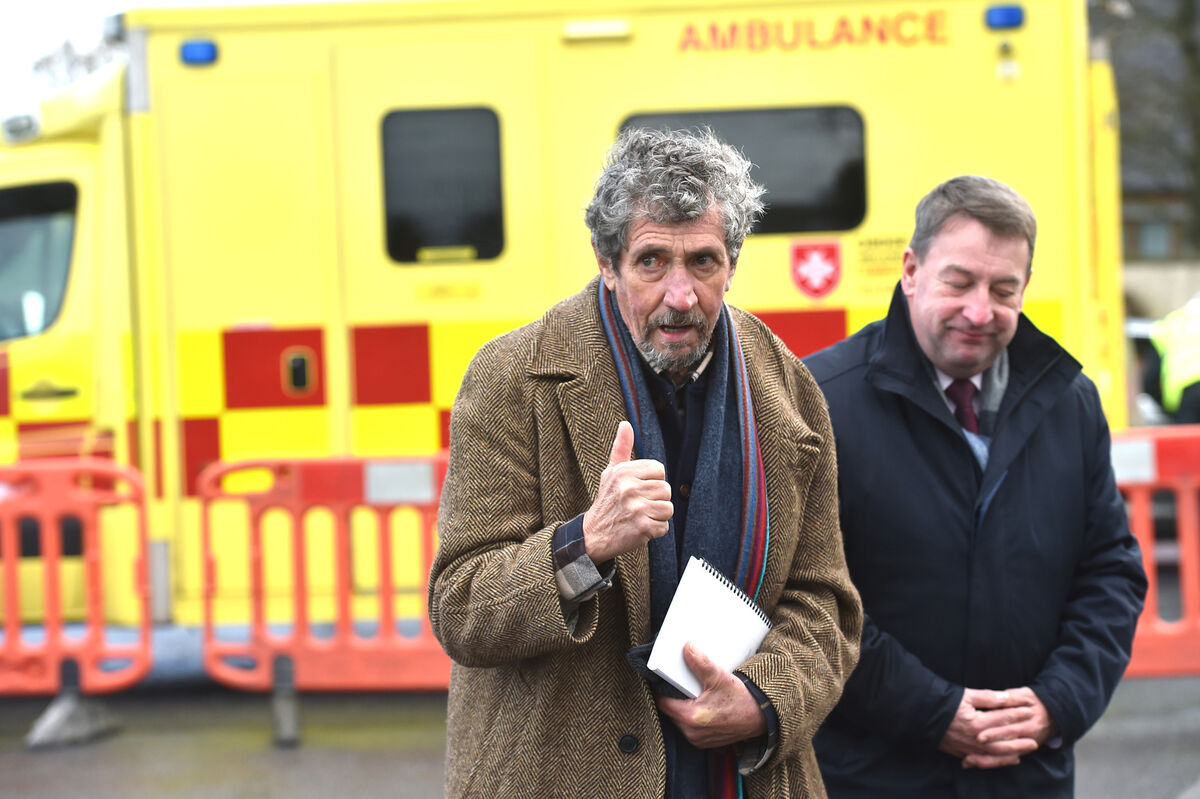 Friend and fellow campaigner Charlie Bird offers a thumbs up as he arrived for the memorial celebration for the late Vicky Phelan at the Church of the Assumption, Mooncoin, Co Kilkenny. Picture: Dan Linehan