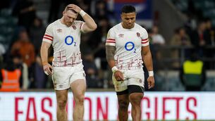 <p>AUTUMN ANGST: England's Sam Simmonds and Manu Tuilagi after their Twickenham defeat to world champions South Africa.</p>
