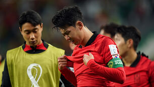 <p>DISCONSOLATE: South Korea’s Son Heung-min was upset at the final whistle. Pic: Adam Davy/PA</p>