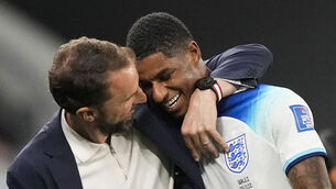 <p>HITTING HIS STRIDE: England's Marcus Rashford, right, is greeted by Gareth Southgate as he leaves the pitch. Pic: AP Photo/Frank Augstein</p>