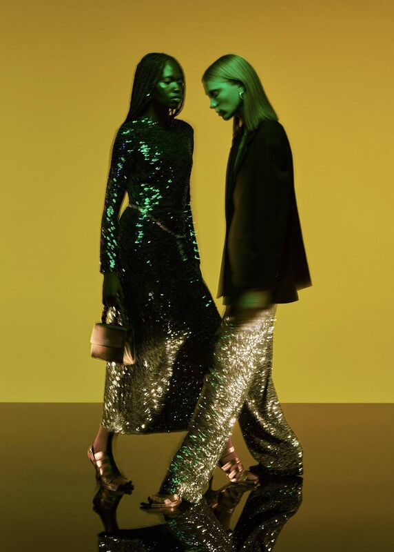 (L) Minimal sequin midi dress, Whistles, €259; (R) ‘Carla’ oversized blazer, €219; ‘Petra’ sequin trousers, €195