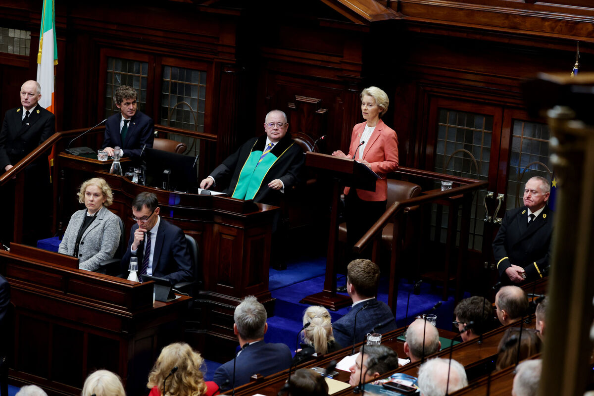 Ursula von der Leyen addressed a joint sitting of the Houses of the Oireachtas to mark Ireland's 50-year membership of the EU. Picture: Maxwells Dublin