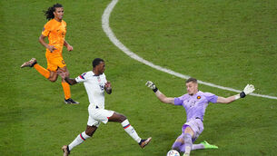 <p>Netherlands goalkeeper Andries Noppert clears the ball from USA's Haji Wright during the FIFA World Cup round of 16 match at the Khalifa International Stadium in Al Rayyan, Qatar. Picture  Adam Davy/PA Wire. </p>
