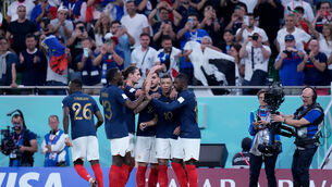 Kylian Mbappe celebrates after scoring in France’s 2-0 win over Poland (Peter Byrne/PA)
