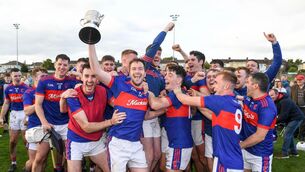 <p>THRILLER: Erin's Own captain James McMahon celebrating with his team-mates after their victory over Cobh in the East Cork JAHC final at Carrigtwohill.</p>