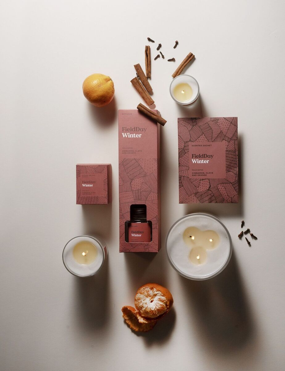  Yummy cinnamon, orange and vanilla fragrance the Winter range from FieldDay, including candles (from €11.50), wax melts (€10.95) and diffusers (€29.95)