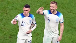 <p>BIG GAME ON THE HORIZON: England's Phil Foden and Luke Shaw waves to friends and family following the victory over Senegal. Pic: Nick Potts/PA Wire</p>