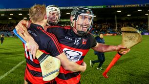 <p>DELIGHT: Ballygunner's Mikey Mahony, Pauric Mahony and Dessie Hutchinson celebrate at the final whistle after the Munster final. Pic: INPHO/Ken Sutton</p>