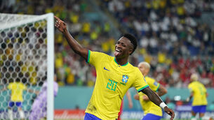 <p>SAMBA BOYS: Brazil's Vinicius Junior celebrates their side's fourth goal of the game, scored by team-mate Lucas Paqueta (not pictured). Pic: Mike Egerton/PA Wire.</p>