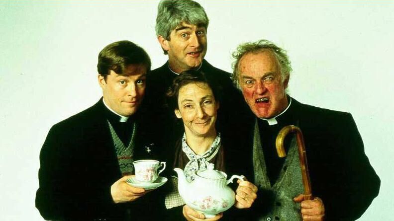 O'Hanlon and McLynn in Father Ted with Dermot Morgan and Frank Kelly