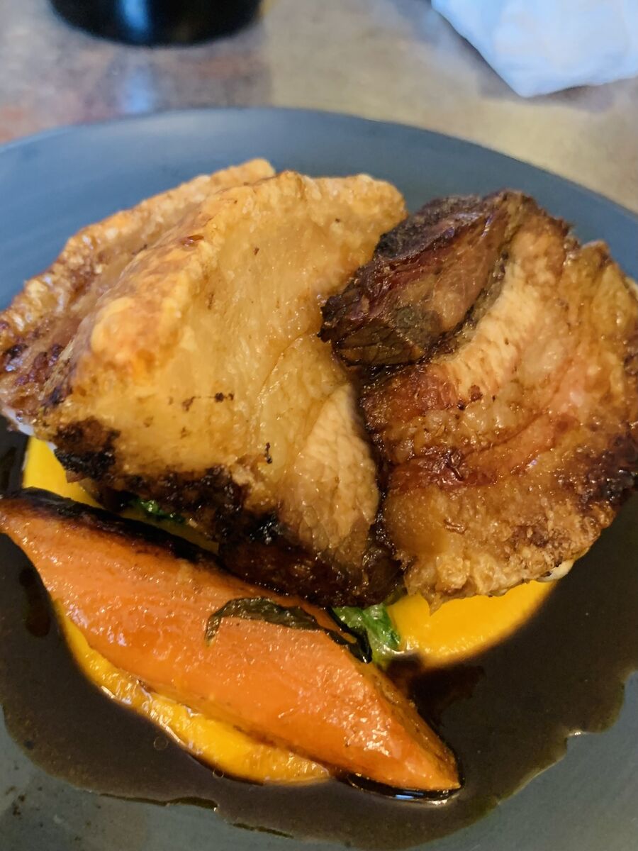 Glenbrook Farm free range pork belly, roasted ātil thick layers of fat became glorious crispy crackling at O'Mahony's of Watergrasshill Glenbrook Farm free range pork belly, roasted ātil thick layers of fat became glorious crispy crackling at O'Mahony's of Watergrasshill