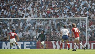 <p>INSPIRATION: England player Bryan Robson (l) scores past goalkeeper Jean-Luc Ettori to put England ahead after just 27 seconds during their opening 1982 FIFA World Cup Group 4 match against France at Estadio San Mames on June 16, 1982. Pic: Allsport/Getty Images</p>